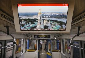 The monitor in the train car of the Kiev Metro