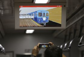 The monitor in the train car of the Kiev Metro