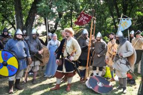 Men in costumes of knights