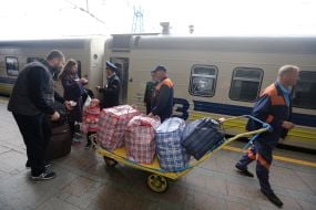 The employee of the station carries luggage passengers