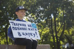 The boy is holding a poster