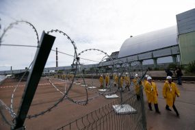 Participants of the opening of the first solar power station in Chernobyl
