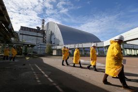 Participants of the opening of the first solar power station in Chernobyl