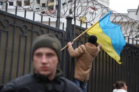 Flag of Ukraine near the Russian consulate in Odessa