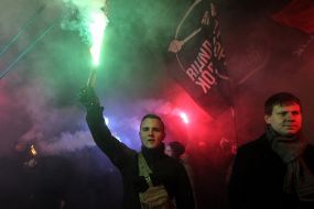 Representatives of the Liberty and the Congress of Ukrainian Nationalists hold fireworks