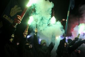 Representatives of the Liberty and the Congress of Ukrainian Nationalists hold fireworks