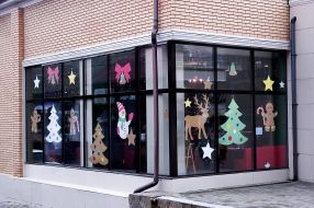 Christmas decorations on glass in the house