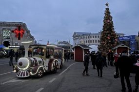 Children's train near the Christmas tree on Kontraktova Square