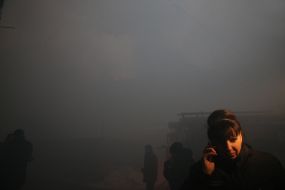 Fire in the building near the hotel "Dnepr"