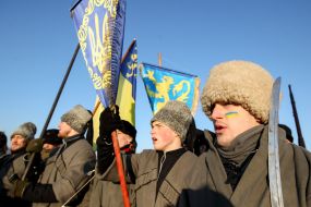 Participants of the action "Living Chain of Unity" in the form of soldiers of the Army of the UPR