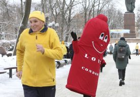 Animator dressed as a condom
