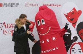 Animator dressed as a condom