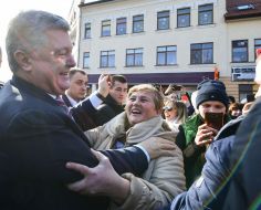 Petro Poroshenko talks to people in Kalush