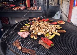 Vegetables and meat on the grill