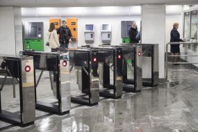 Turnstiles in the hall of the metro station "Svyatoshyn"