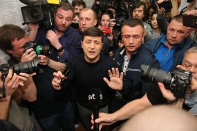 Volodymyr Zelensky speaks with journalists