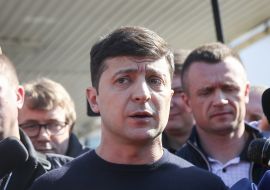 Volodymyr Zelensky speaks with journalists