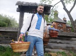 Man is carrying an Easter basket