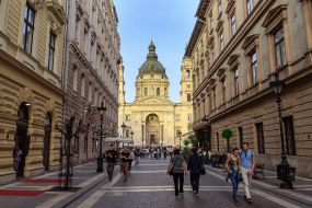 Tourists are walking in the center of Budapest