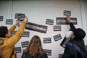 Activists of the public initiative # Turn off the Russian stick label