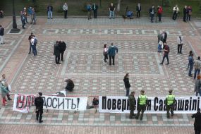 Posters near the entrance to the building of the Verkhovna Rada of Ukraine
