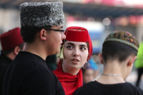 Participants in theatrical production in Crimean Tatar costumes