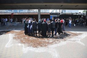Participants in theatrical production in Crimean Tatar costumes