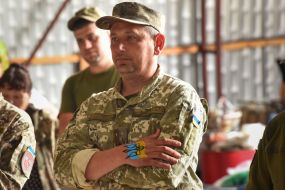 Flag and emblem painted on military arm