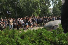 Demolition of the bust of the Soviet Marshal Georgy Zhukov