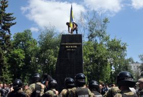 Demolition of the bust of the Soviet Marshal Georgy Zhukov