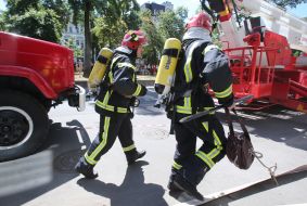 Rescuers are preparing to quench a conditional fire