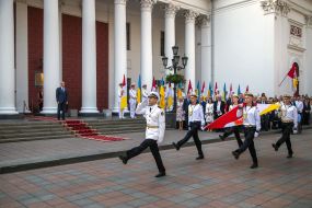 Honorary Guard soldiers carry the flag of Odessa