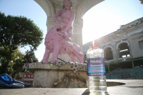 Бутылка растворителя краски у окрашенного в розовый цвет фонтана «Самсон» на Контрактовой площади