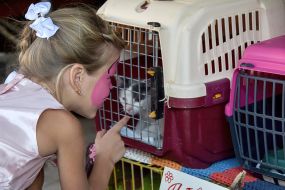 Девочка смотрит на сидящего в клетке кота