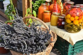 Tin cans and lavender basket