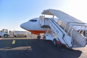 The plane of the Ukrainian Aviacompany SkyUp Airlines at the airport in Zaporozhye