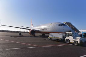 The plane of the Ukrainian Aviacompany SkyUp Airlines at the airport in Zaporozhye