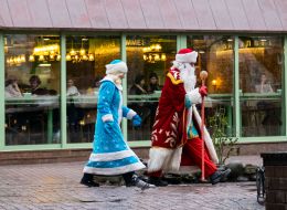 Animators in costumes of Santa Claus and Snihurochka
