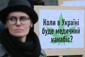 Плакат с надписью "Когда в Украине будет медицинский каннабис?"