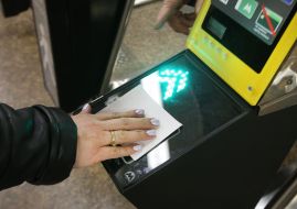 An employee of the Kiev subway in a medical mask