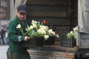 Worker carries a box of flowers