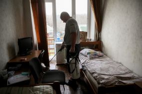 Room cleaning at the medical center in Novy Sanzhary