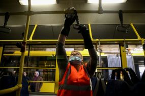 Disinfection of public transport due to the outbreak of the coronavirus in Kiev