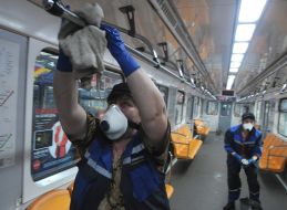 Disinfection of public transport due to the outbreak of the coronavirus in Kiev