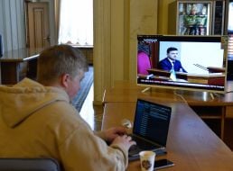 Journalists watching a broadcast of the meeting of the Verkhovna Rada