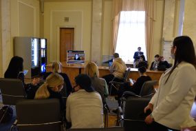 Journalists watching a broadcast of the meeting of the Verkhovna Rada