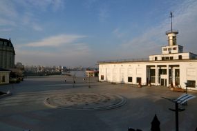 River station on the deserted Postal Square in Kiev