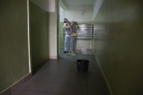 Disinfection entrance of a residential building in Kiev