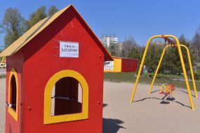 Inscription "Attention quarantine" on a playground in Voznesenivsky park in Zaporozhye