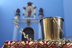 A willow branch near a bucket of holy water